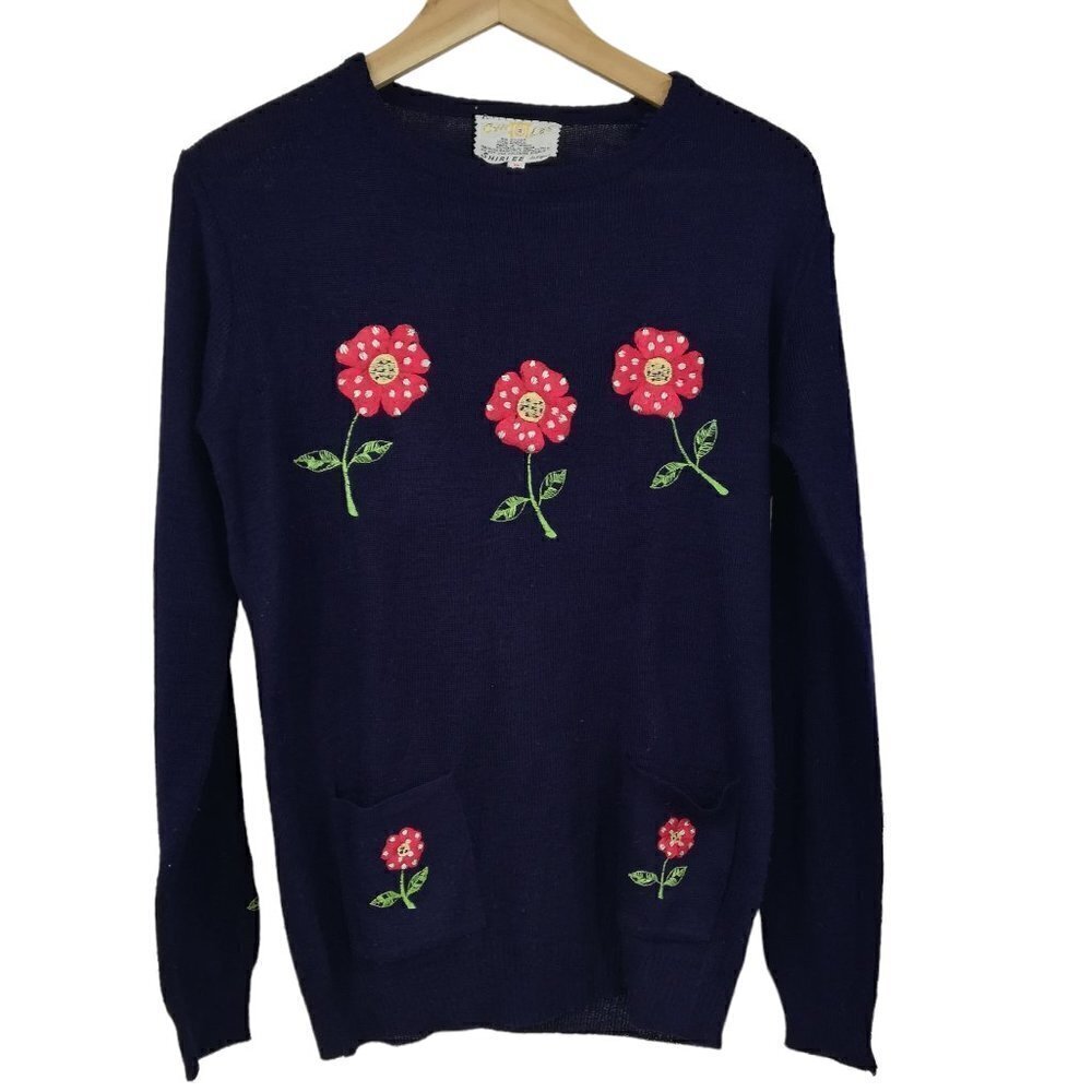 Vintage Embroidered Polka Dot Flower Sweater Pullover Size S 70s Gyn Les Shirlee